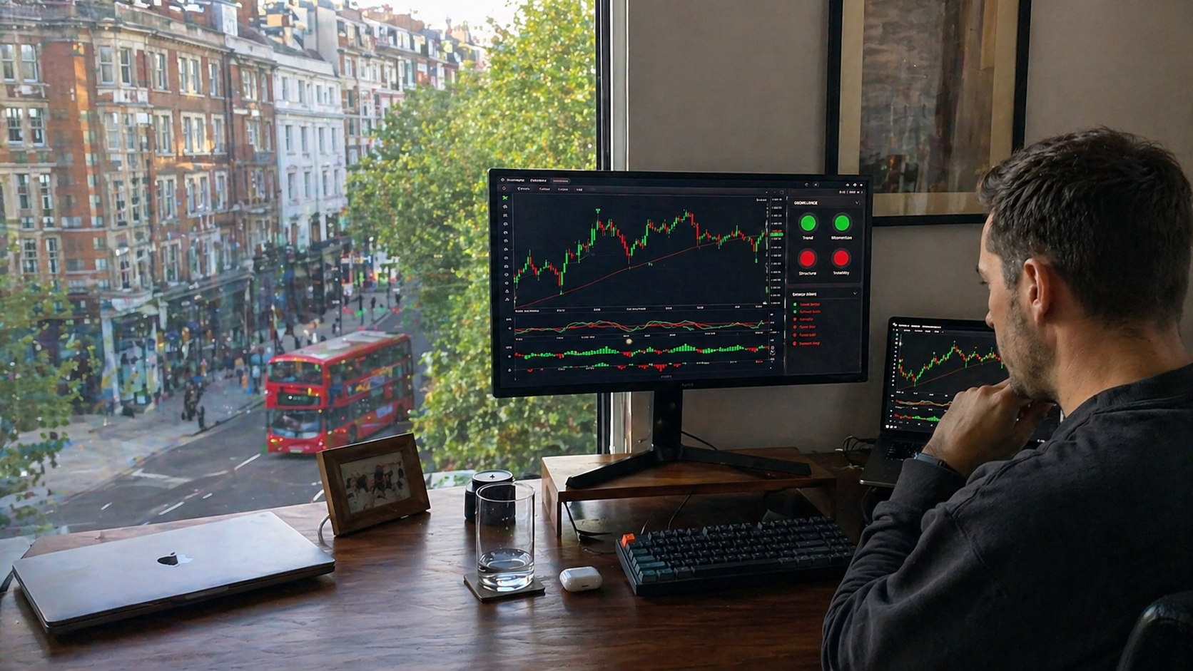 A focused UK trader reviewing market charts on a desktop workstation